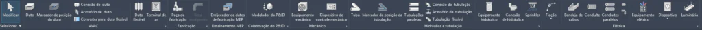 Barra de ferramentas mostrando todas as opções de projetos complementares de instalações, ar condicionado e mais, no Revit